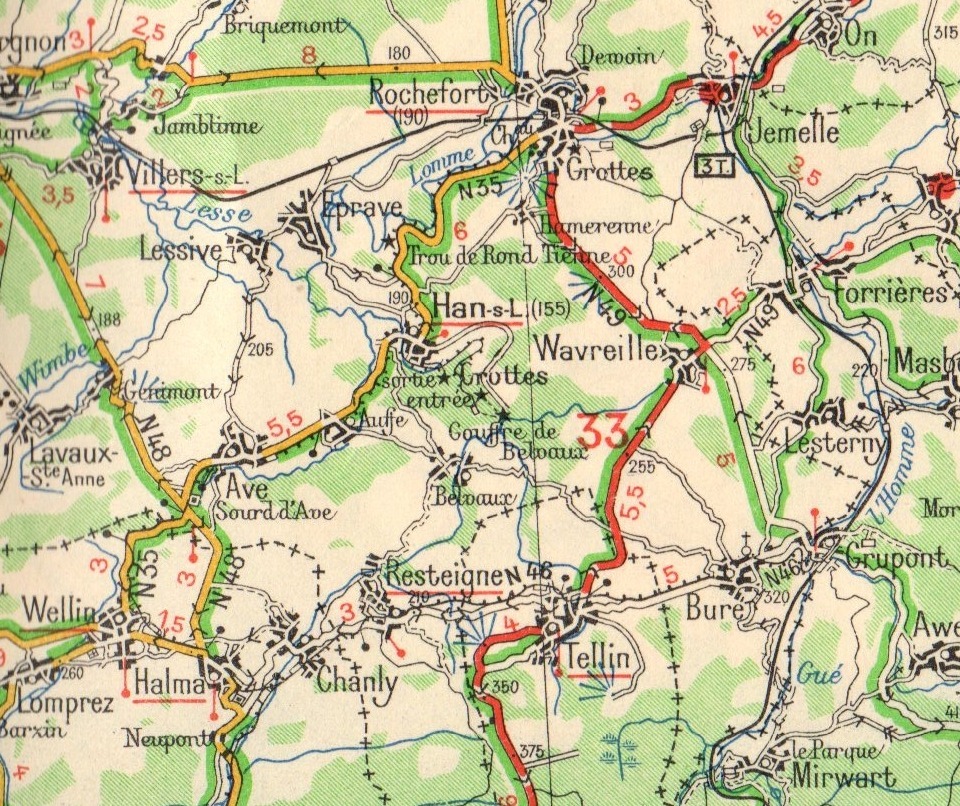 carte de 1950 montrant les traces des lignes vicinales Rochefort Wellin Grupont